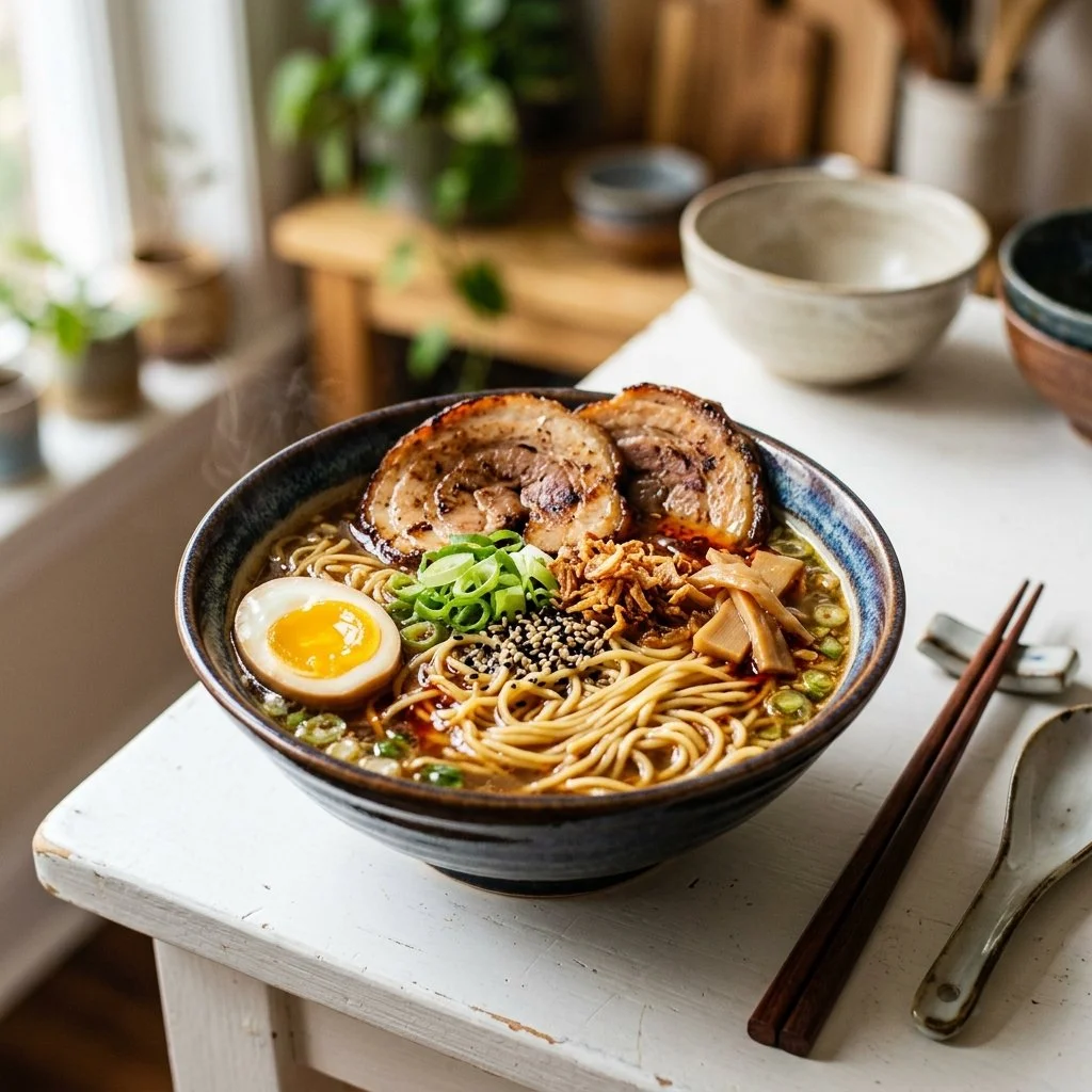 Delicious homemade ramen bowl with fresh ingredients and garnishes