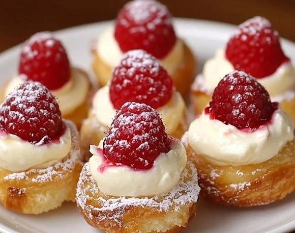 Raspberry cream cheese bites on a plate, garnished with fresh raspberries.