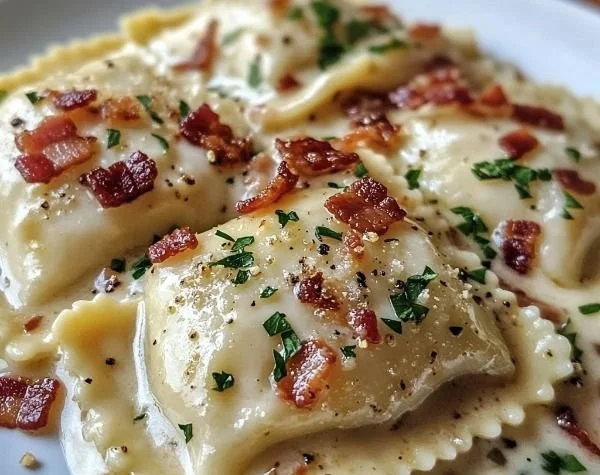 Delicious Ravioli Carbonara served at Olive Garden with creamy sauce and toppings.