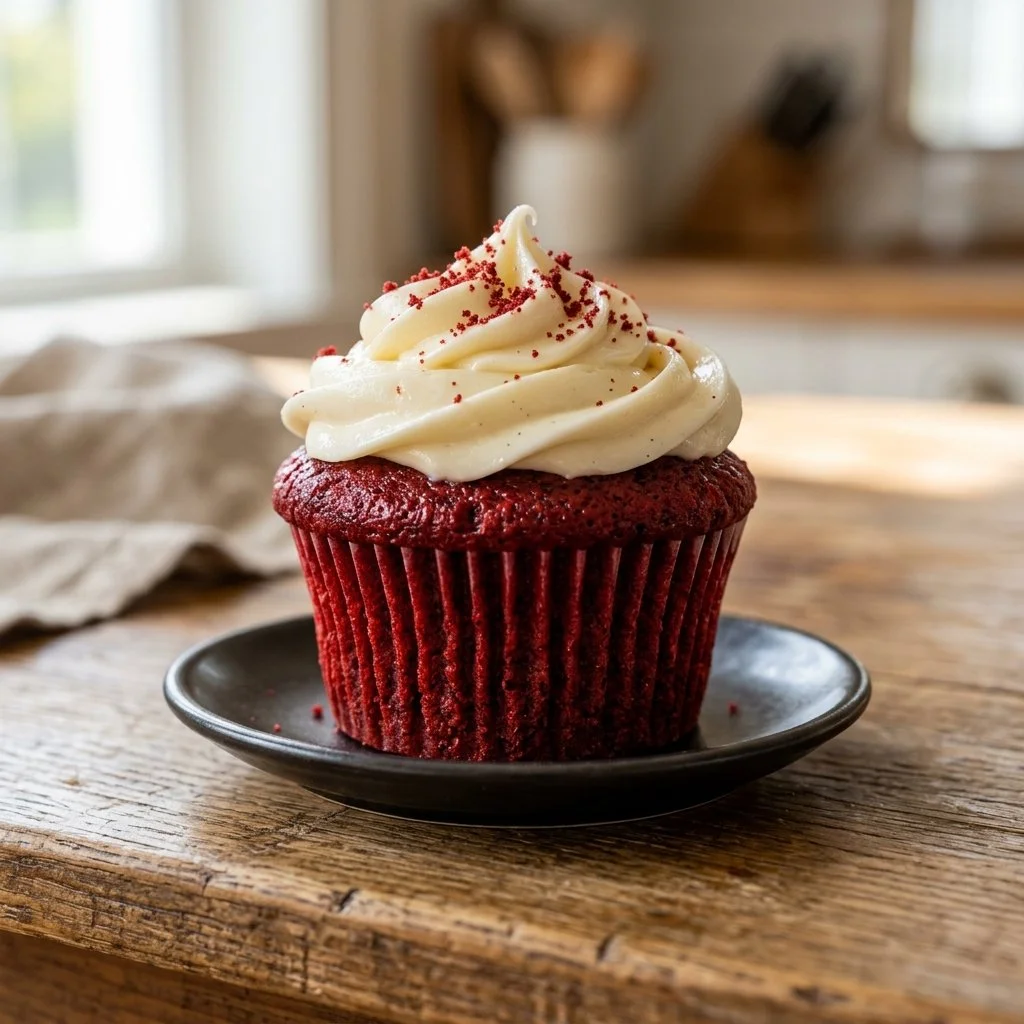 A delicious red velvet cupcake with cream cheese frosting and decorative sprinkles.