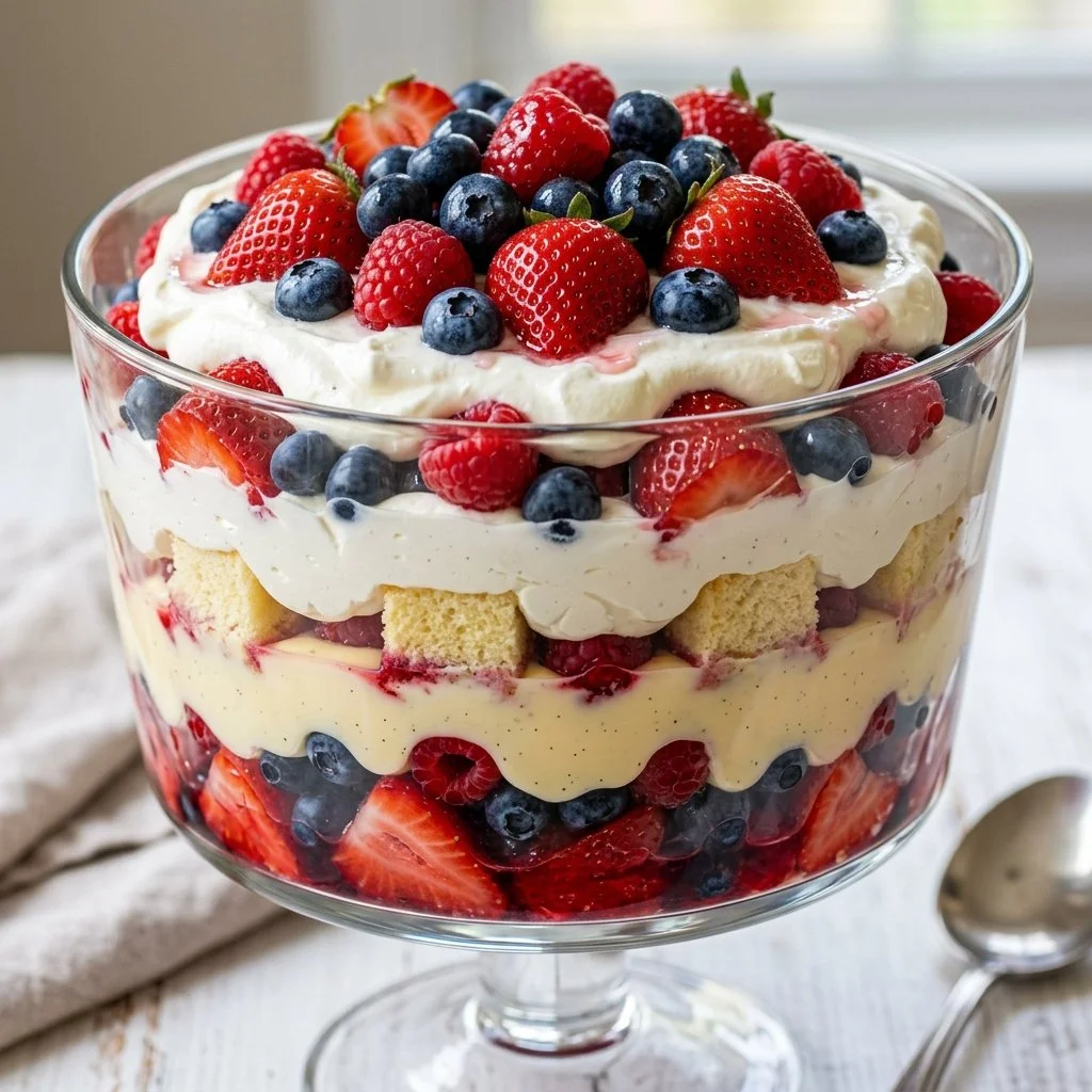 Red White and Blue Trifle dessert featuring layers of fruit and cream