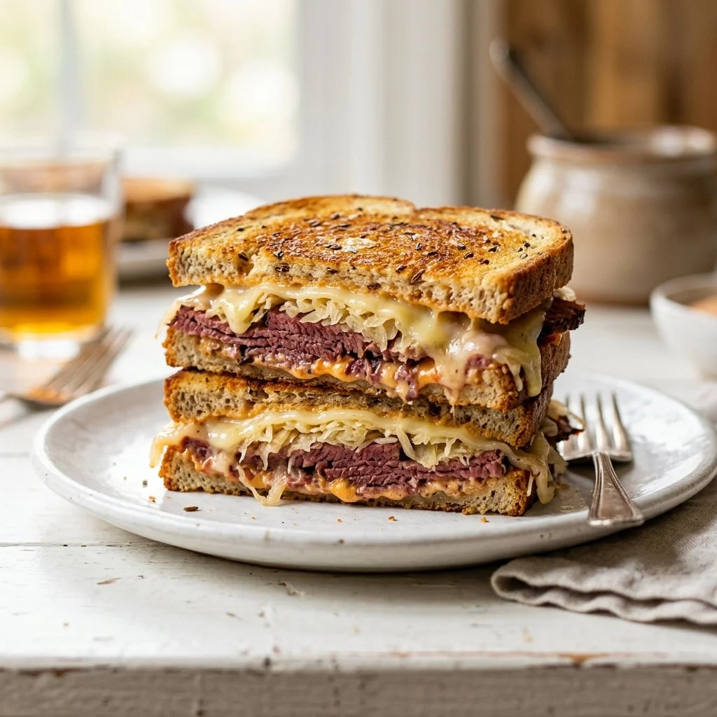 Delicious homemade Reuben Sandwich with corned beef, sauerkraut, and Swiss cheese