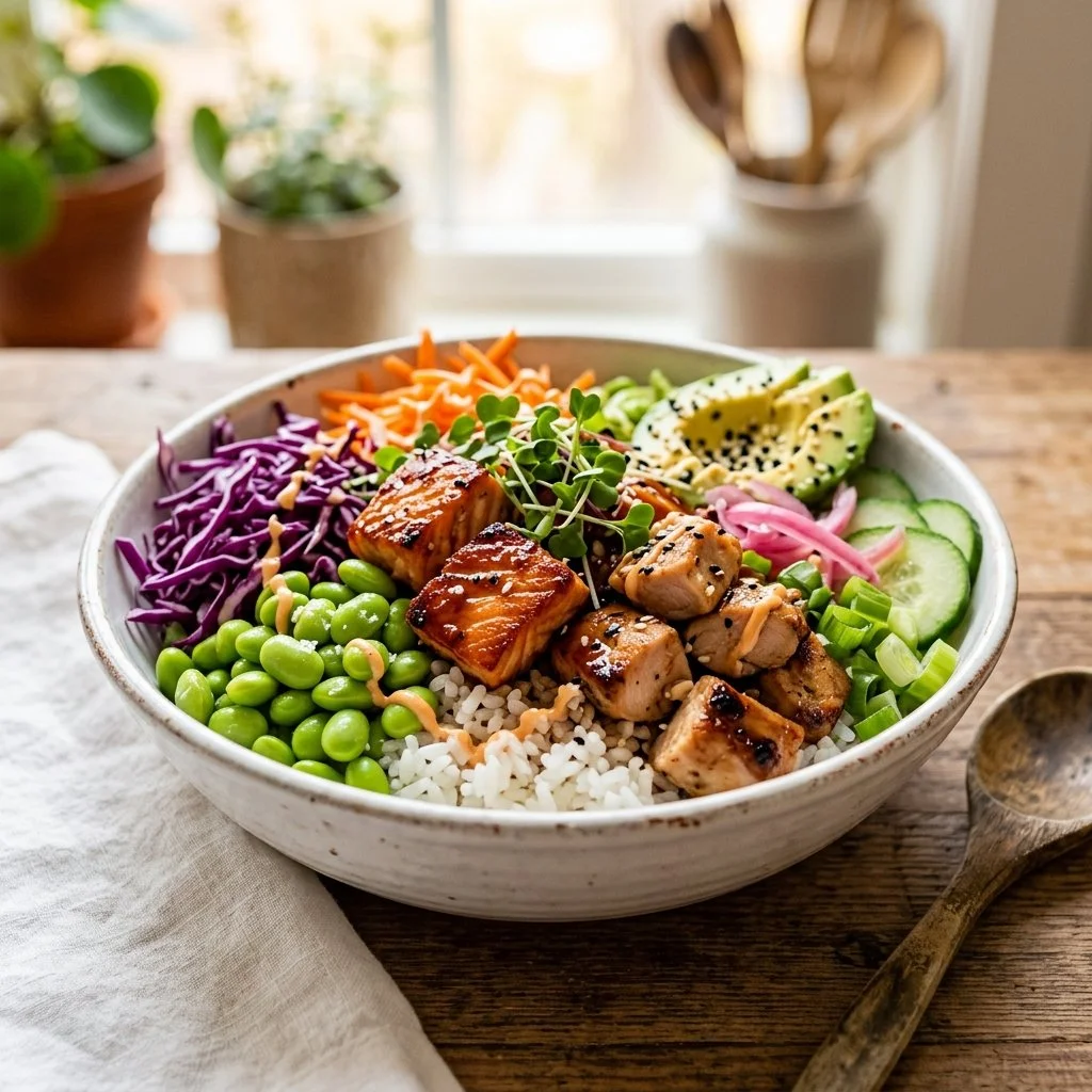 Delicious rice bowl filled with colorful vegetables and protein.