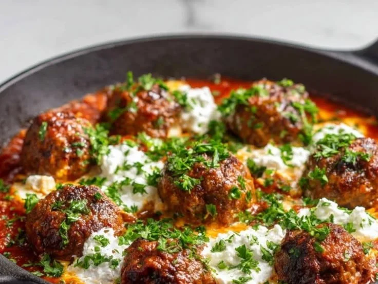 Delicious Ricotta Meatball Skillet on a wooden table with fresh herbs