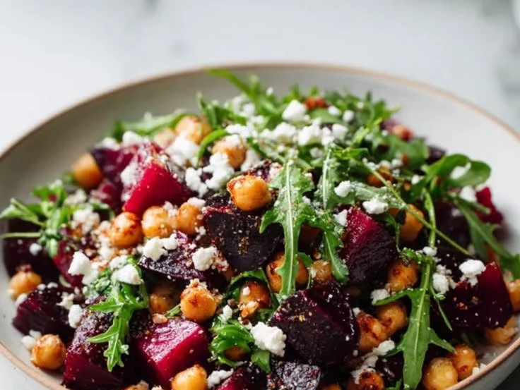 Roasted beet salad with greens and vinaigrette dressing, served in a bowl.
