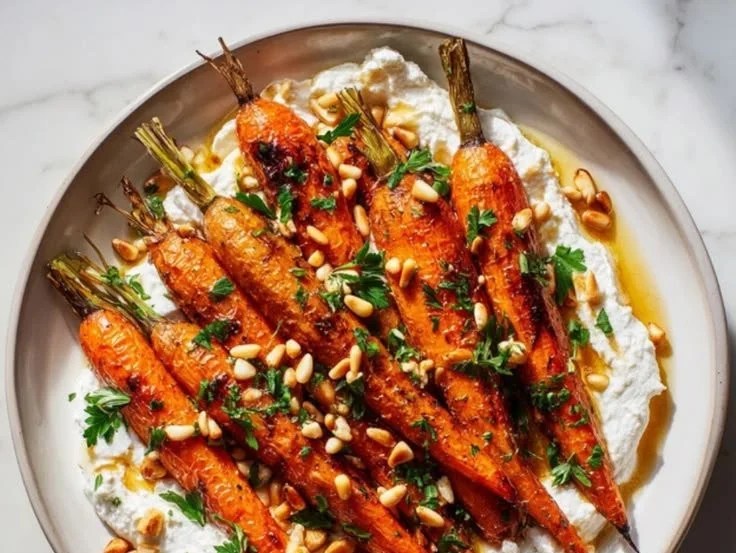 Plate of roasted carrots with whipped ricotta cheese topping.