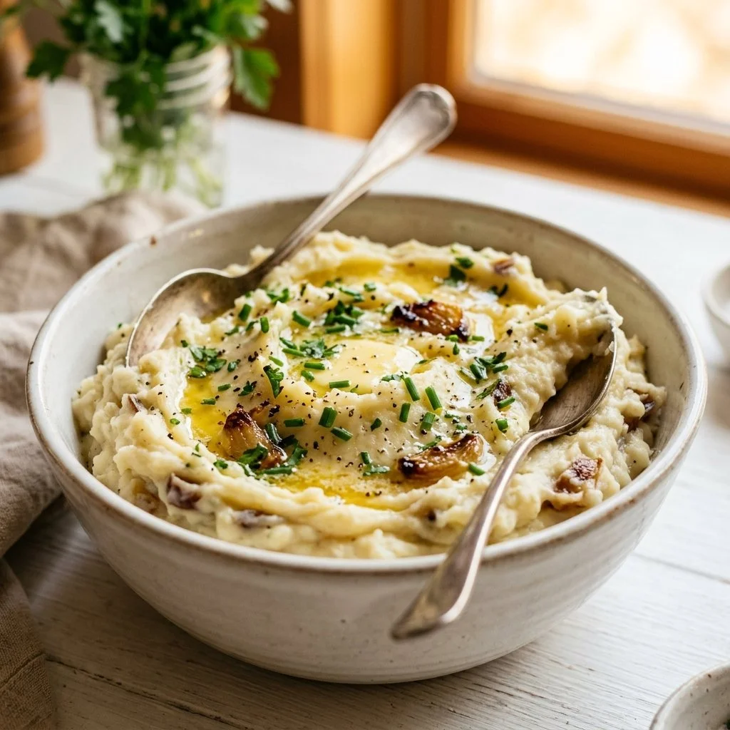 Creamy roasted garlic mashed potatoes served in a bowl, garnished with herbs.