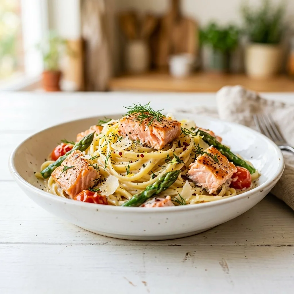 Delicious salmon pasta dish garnished with herbs and served on a plate