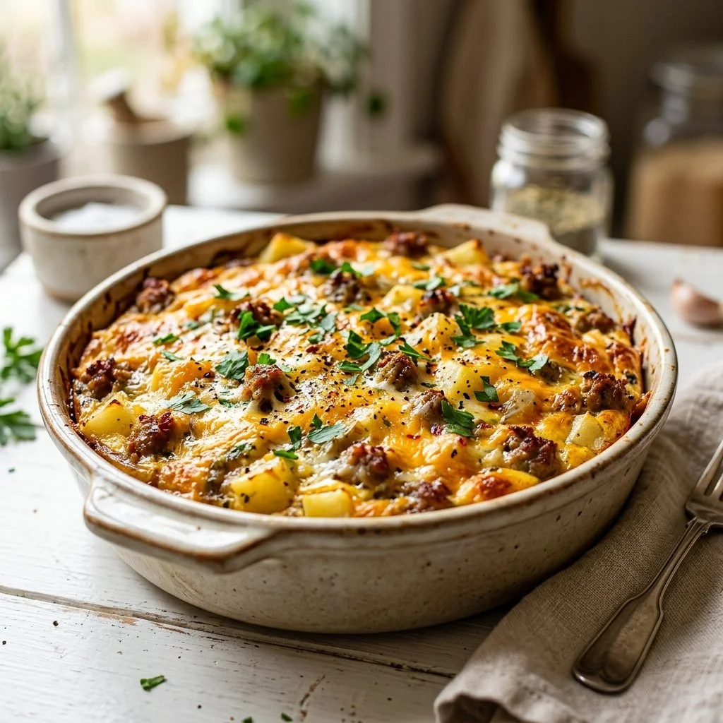 Delicious Sausage and Egg Casserole dish fresh out of the oven