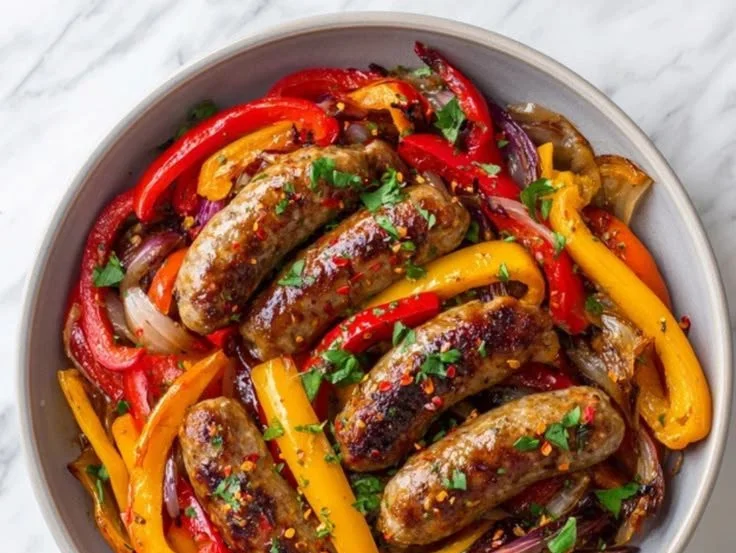 Sautéed sausage and peppers in a colorful skillet dish ready to serve