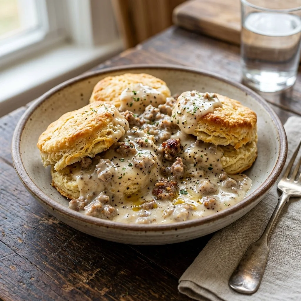 A hearty plate of sausage gravy served over fluffy biscuits for breakfast.