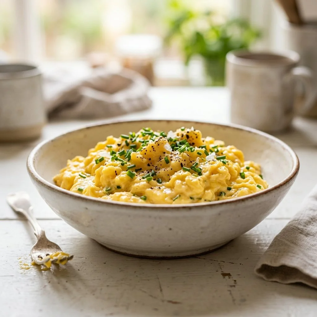 Fluffy scrambled eggs recipe garnished with herbs