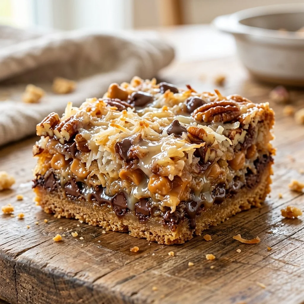Deliciously layered Seven Layer Bars dessert with chocolate, coconut, and nuts.