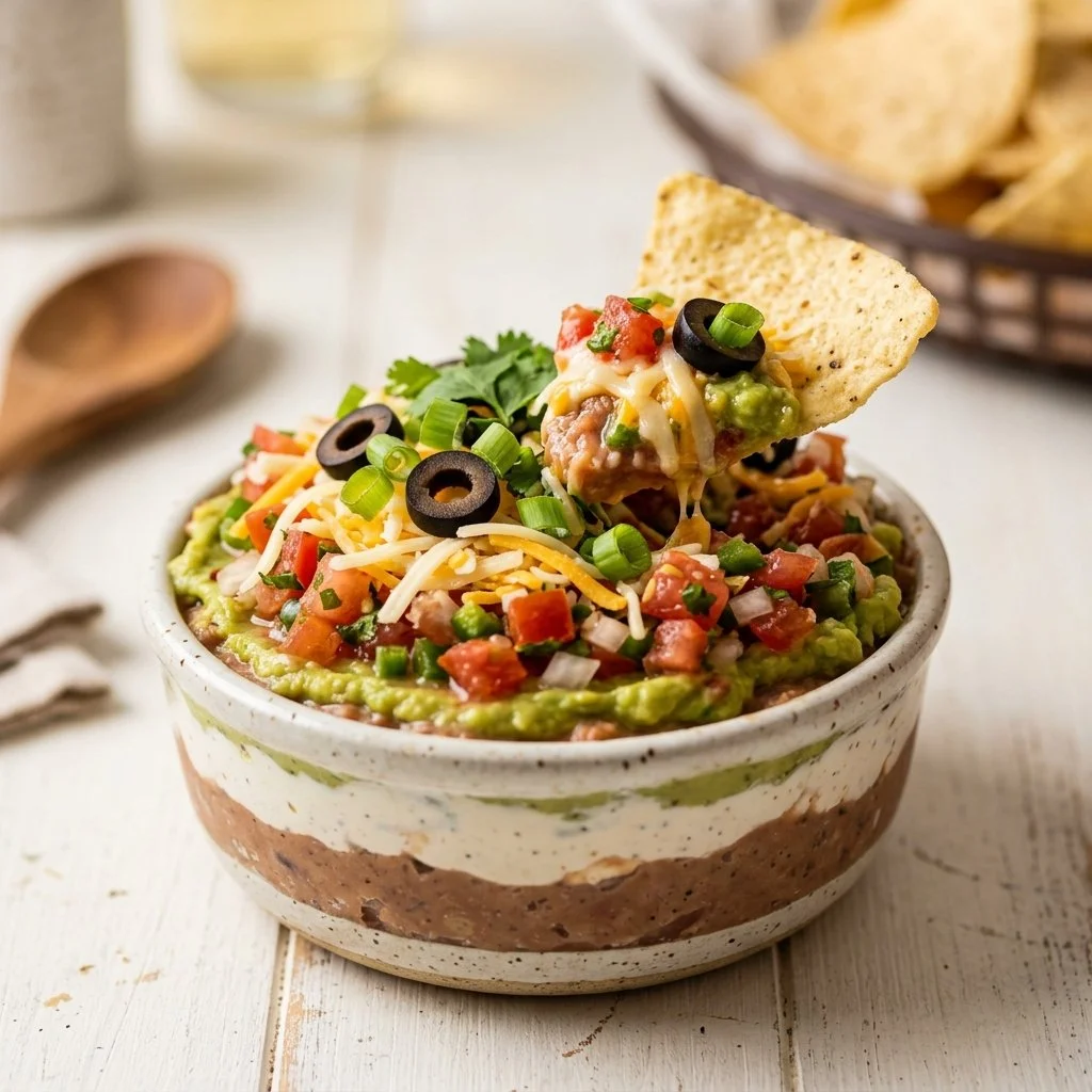 Delicious Seven Layer Dip served in a bowl with colorful layers