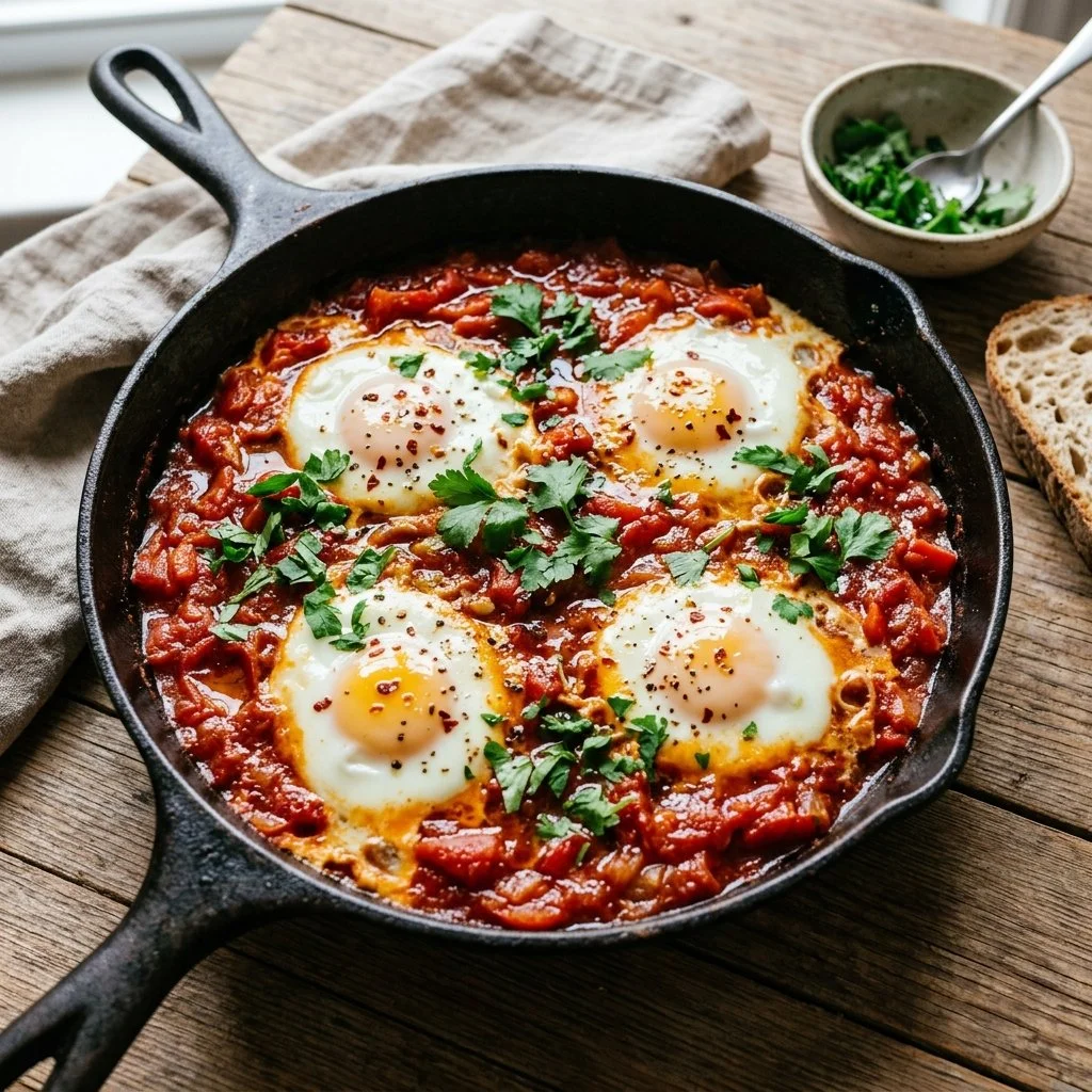 A bowl of shakshuka with poached eggs in spicy tomato sauce and fresh herbs