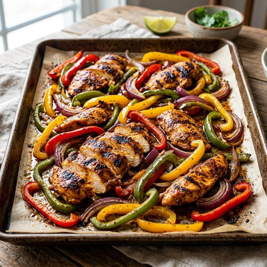 Sheet Pan Chicken Fajitas with peppers and onions ready to serve