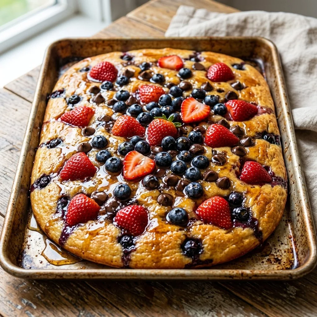 Delicious sheet pan pancakes cooked in a large baking sheet for easy serving