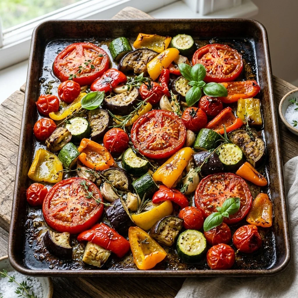 Colorful sheet pan ratatouille with fresh vegetables roasted to perfection