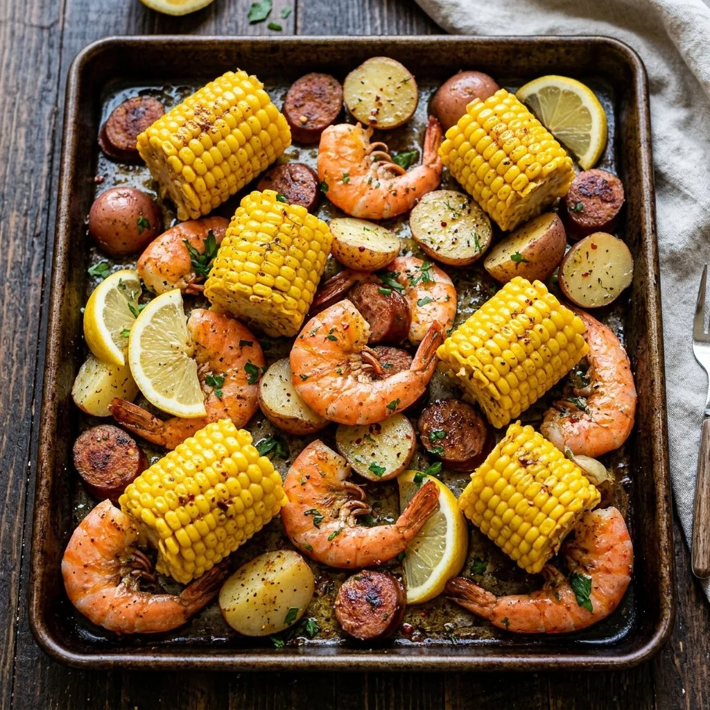 Sheet Pan Shrimp Boil with vegetables and spices on a baking tray