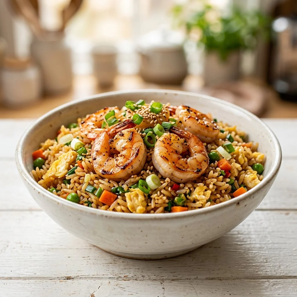 Delicious plate of shrimp fried rice with vegetables and seasonings