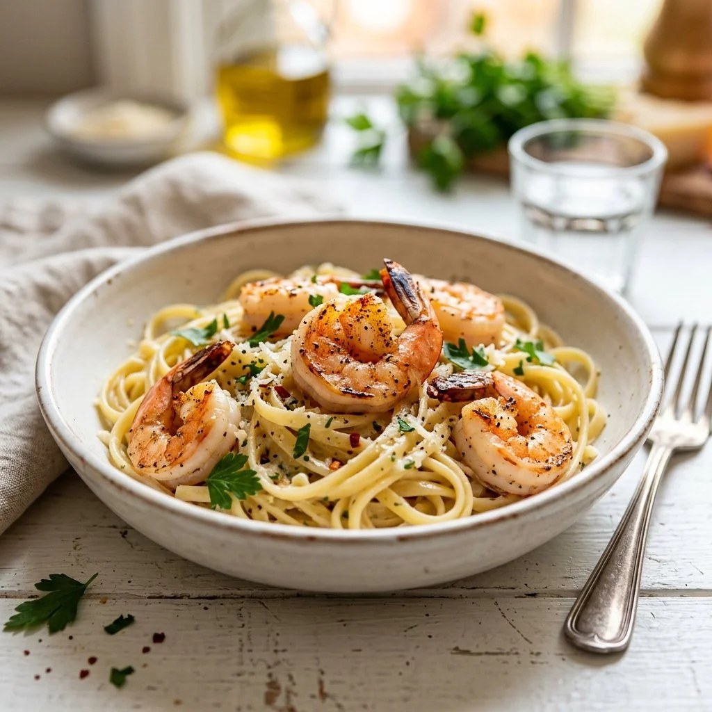 Delicious shrimp pasta dish garnished with herbs and served in a bowl