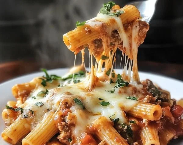 Delicious slow cooker baked ziti served in a bowl with melted cheese topping