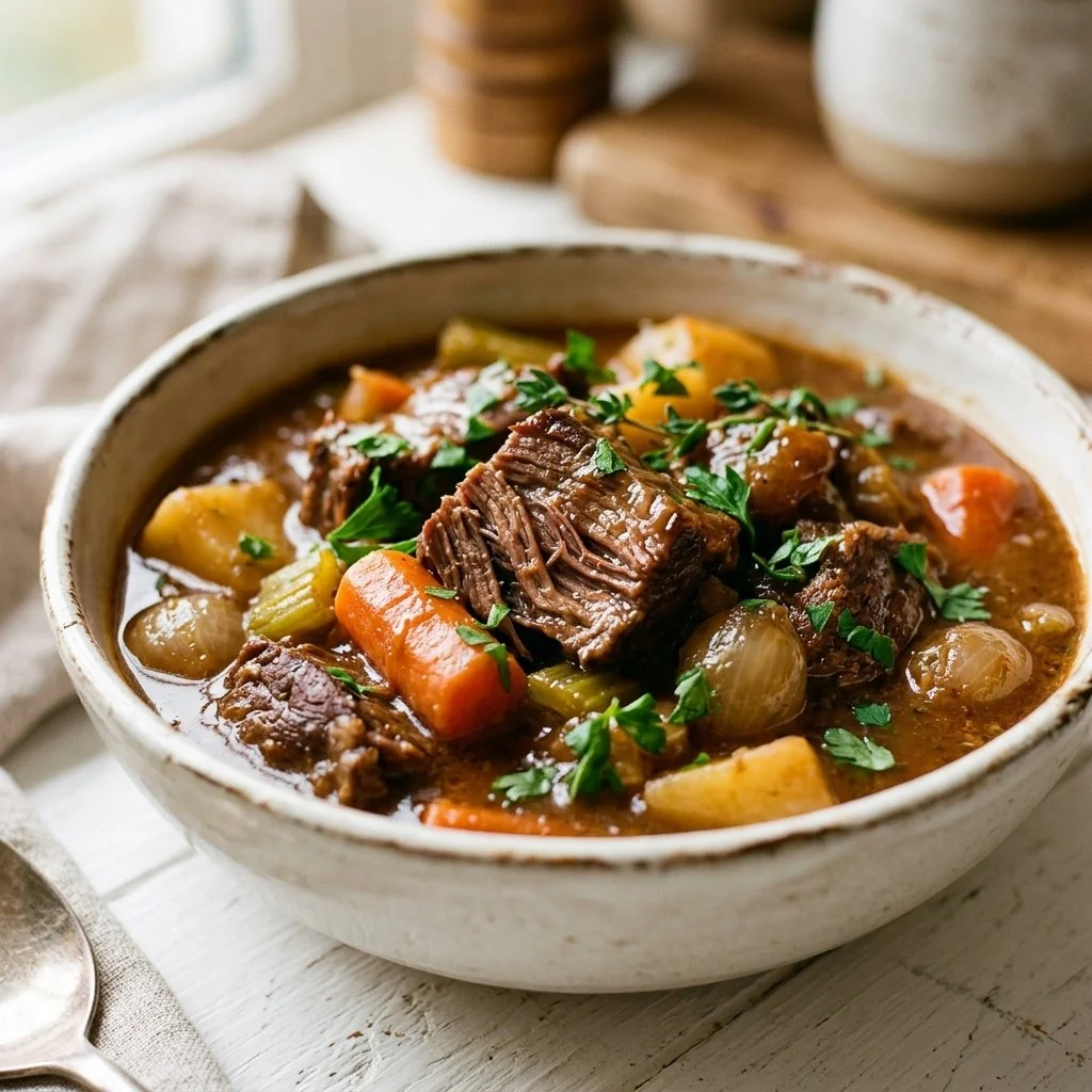 Bowl of slow cooker beef stew with vegetables and herbs
