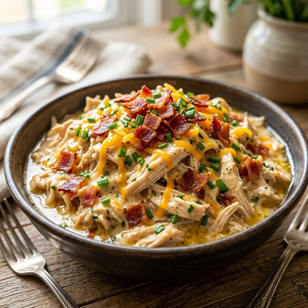 Slow cooker crack chicken dish served in a bowl with toppings