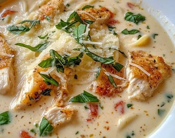 Bowl of slow cooker creamy chicken parmesan soup garnished with parsley and cheese.