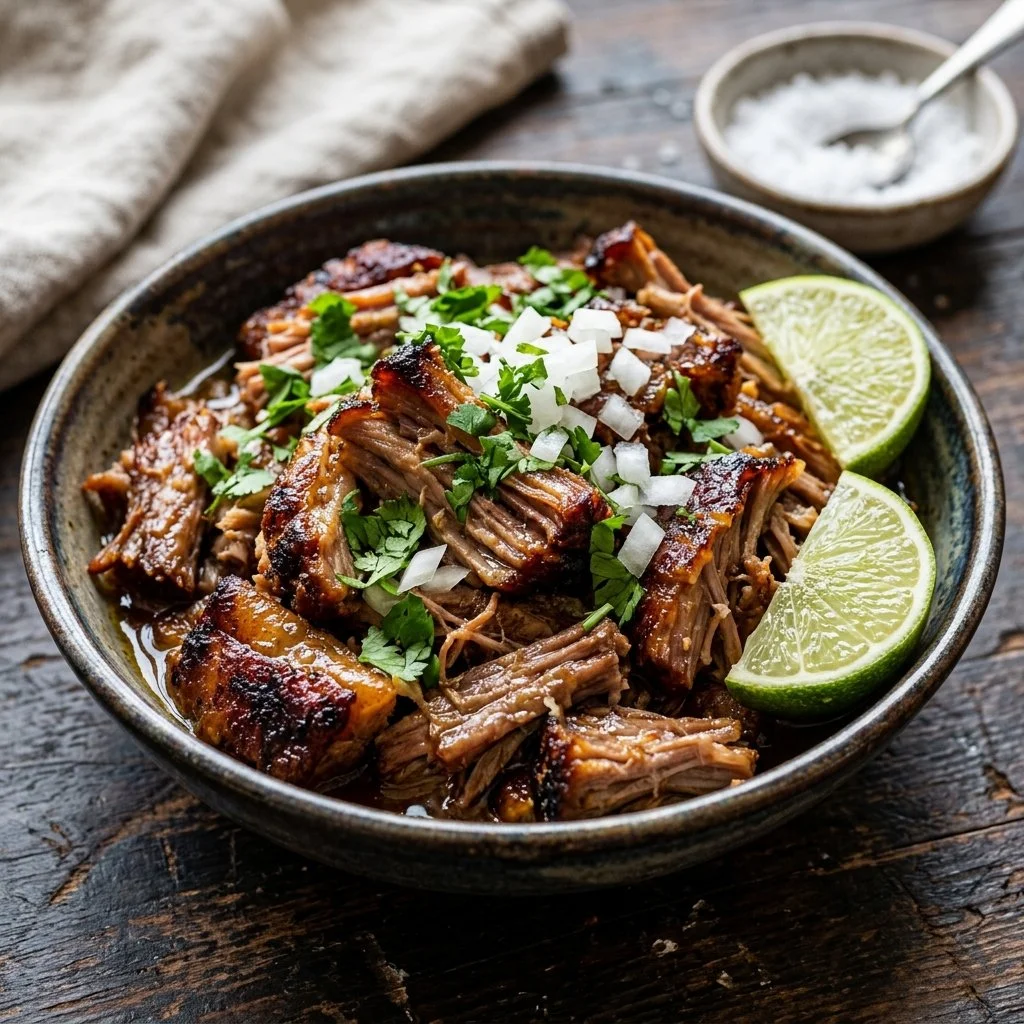 Slow cooker pork carnitas served in tacos with garnishes