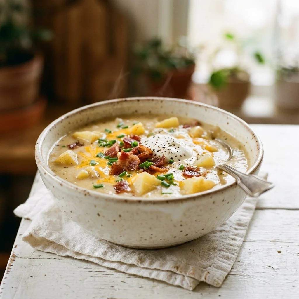 Bowl of creamy slow cooker potato soup garnished with herbs