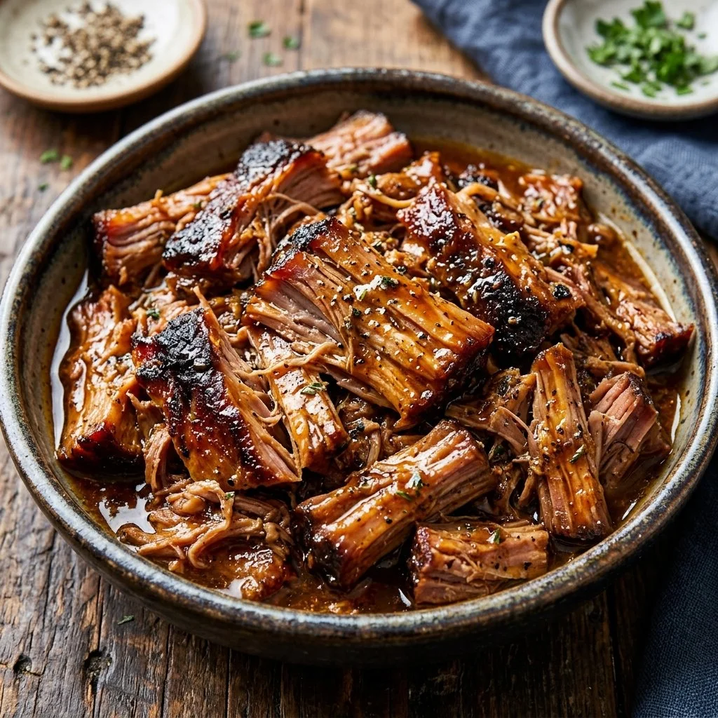 Delicious slow cooker pulled pork served with sides