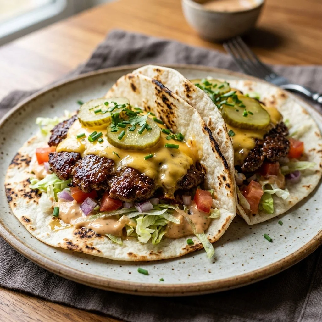 Smash burger tacos featuring juicy patties and fresh toppings
