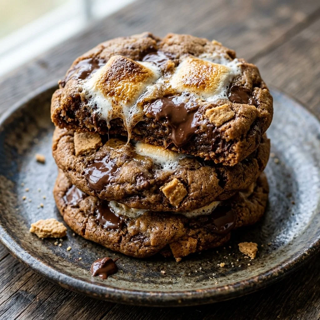 Freshly baked S'mores Cookies with chocolate, marshmallow, and graham cracker chunks.