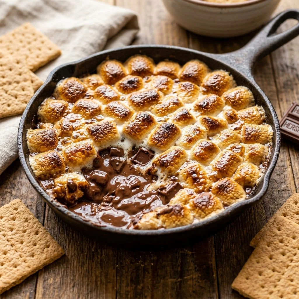 Delicious S'mores Dip served with graham crackers and chocolate