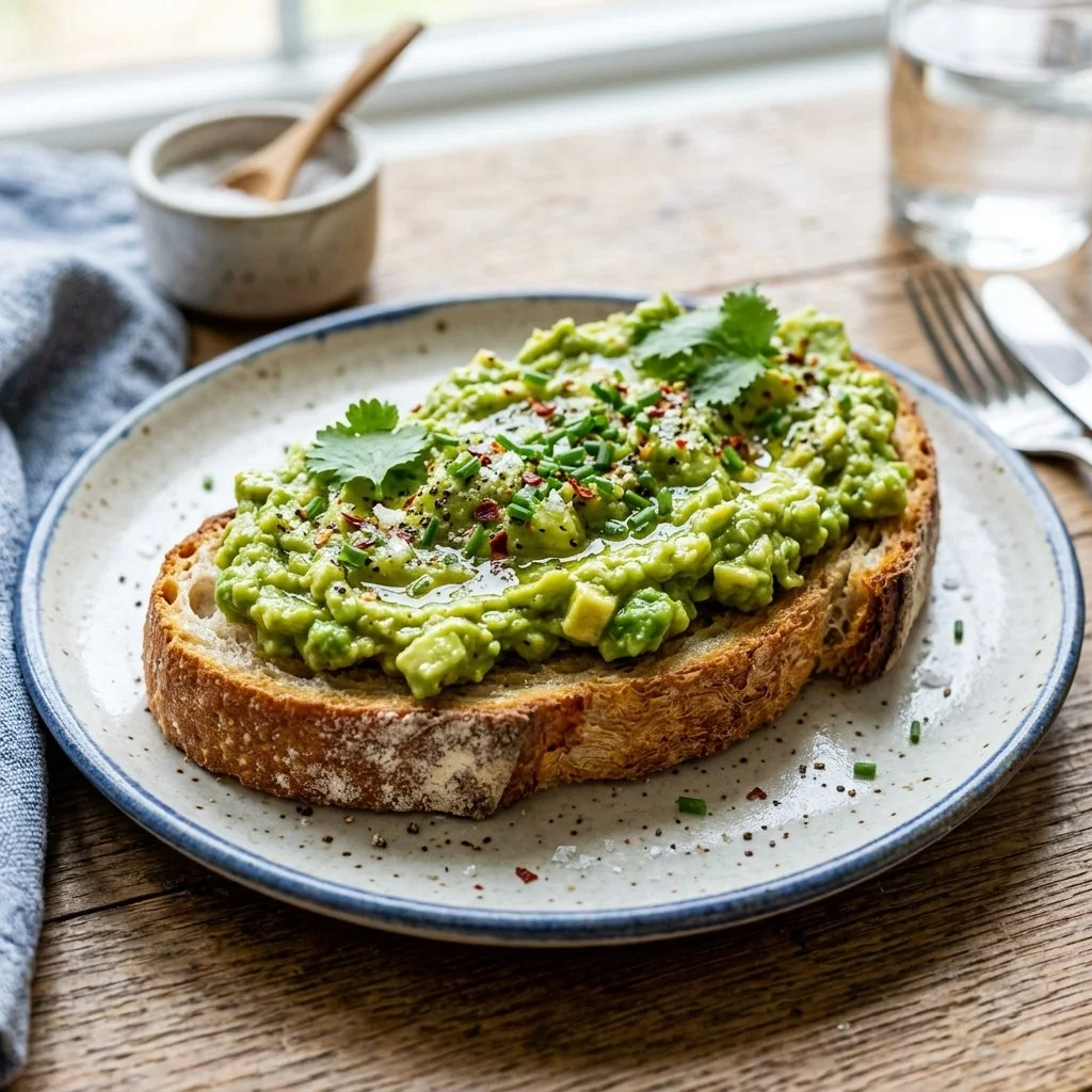 Sourdough avocado toast topped with fresh avocado slices and seasoning