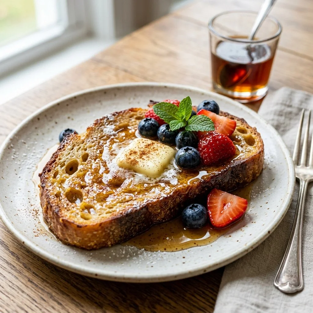Delicious plate of sourdough French toast topped with syrup and fruit