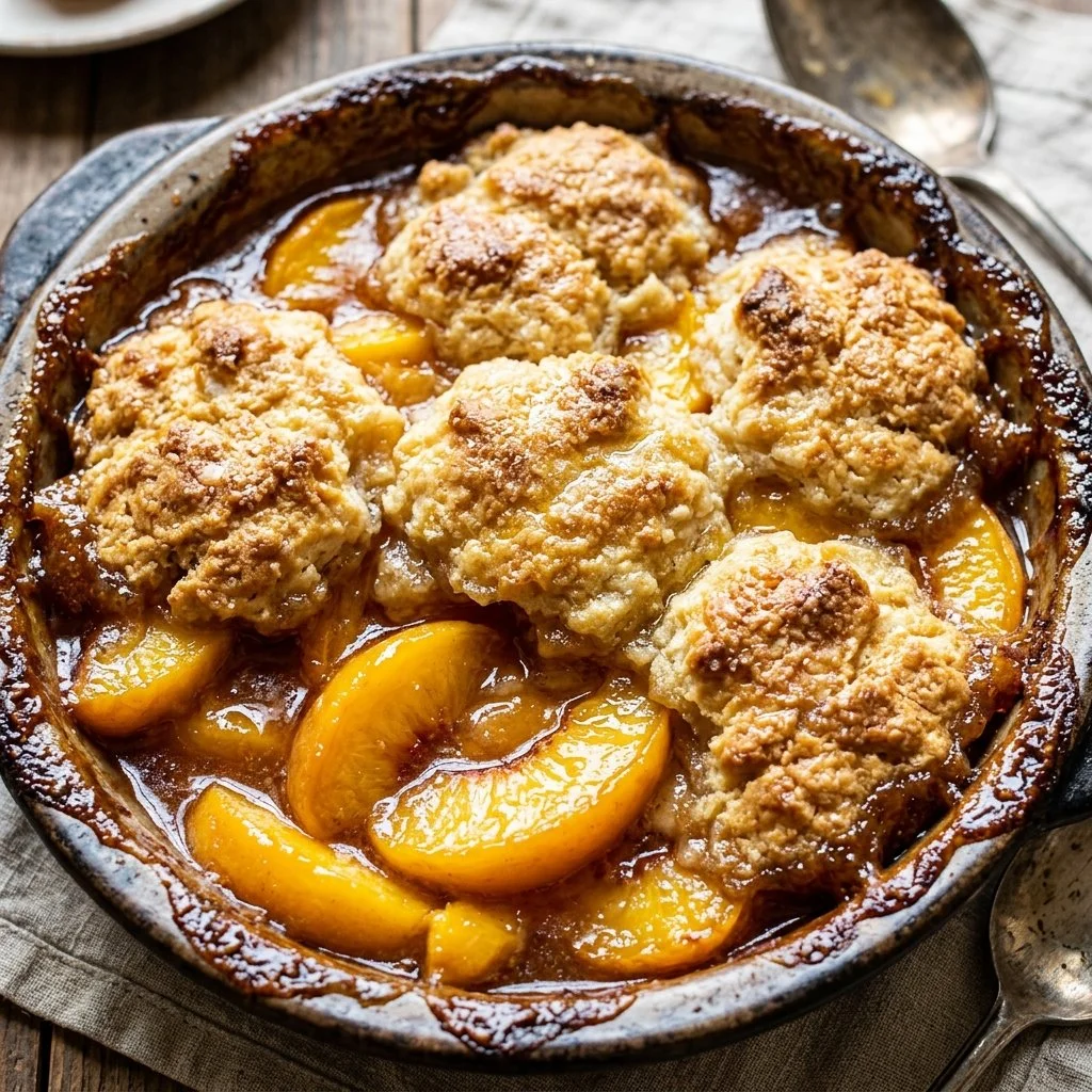 Delicious Southern peach cobbler served warm with ice cream on top.