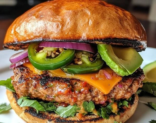 Southwest-Style Spicy Turkey Burgers on a grill with toppings