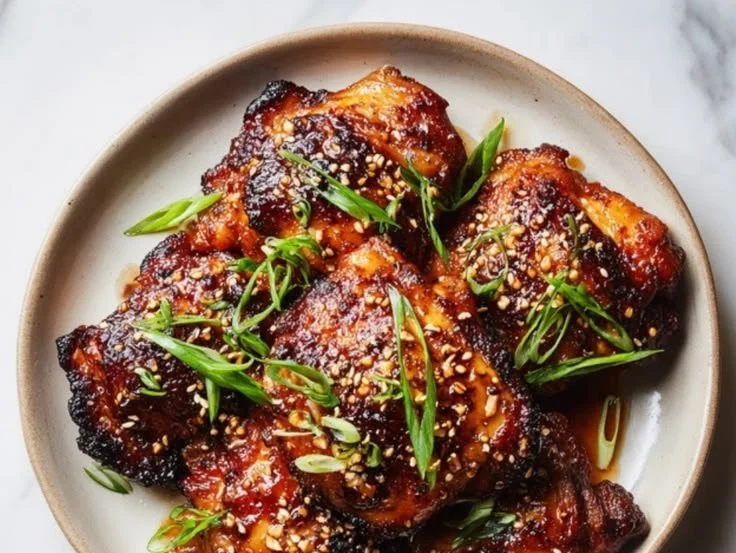 Delicious soy garlic chicken thighs served with herbs and vegetables