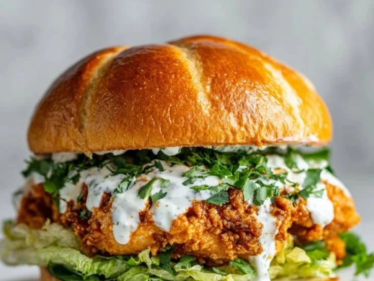 Delicious spicy air fryer chicken sandwich on a plate with fresh toppings.
