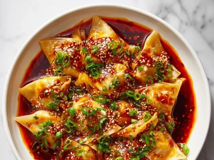 Plate of spicy chili wontons garnished with chili sauce and herbs