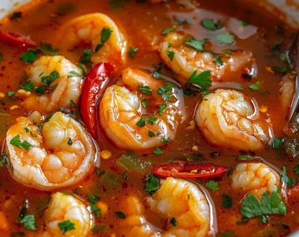 Bowl of spicy shrimp soup garnished with herbs and spices