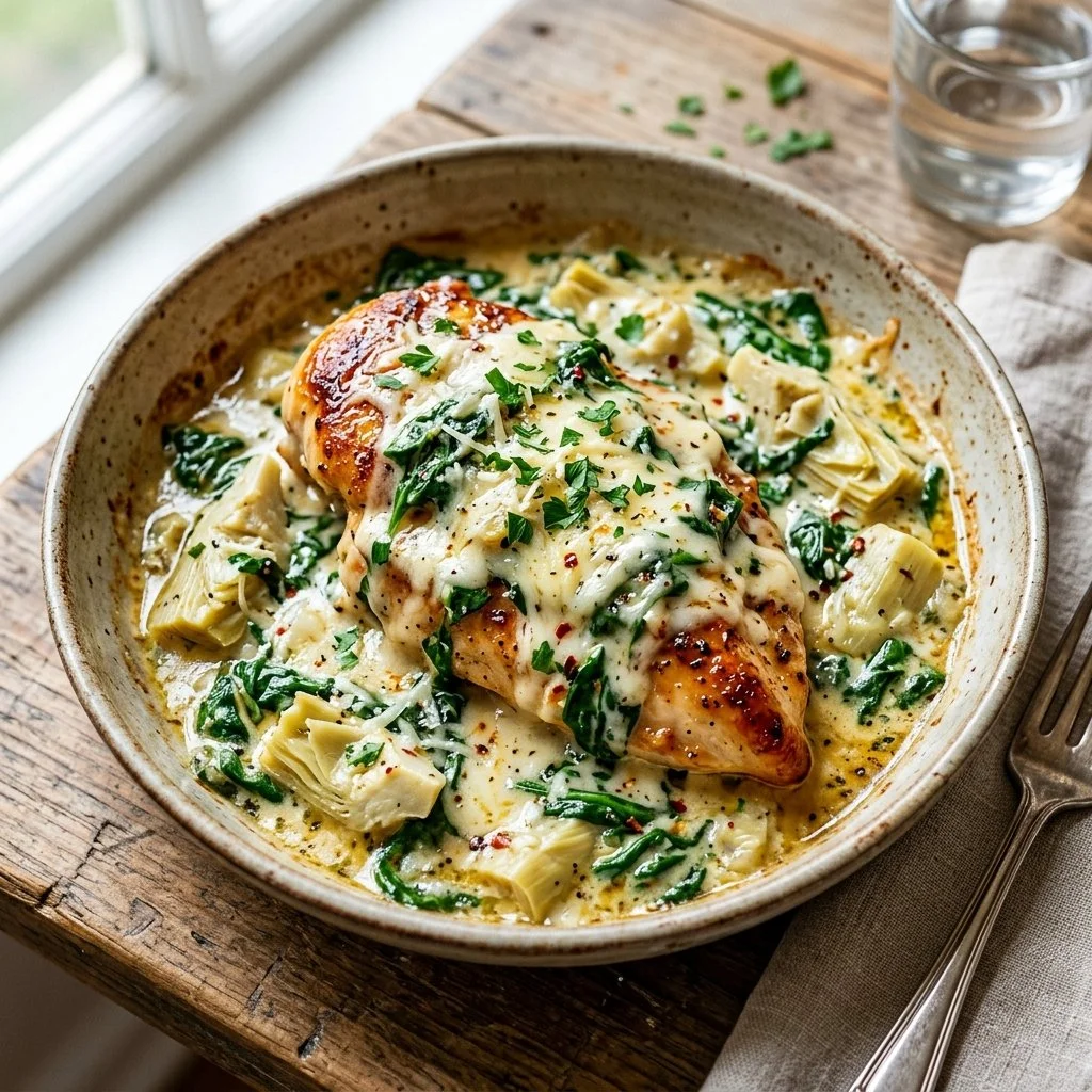 Delicious Spinach Artichoke Chicken topped with cheese and herbs