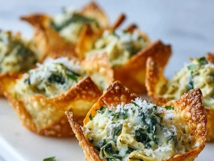 Delicious spinach artichoke wonton bites on a serving platter