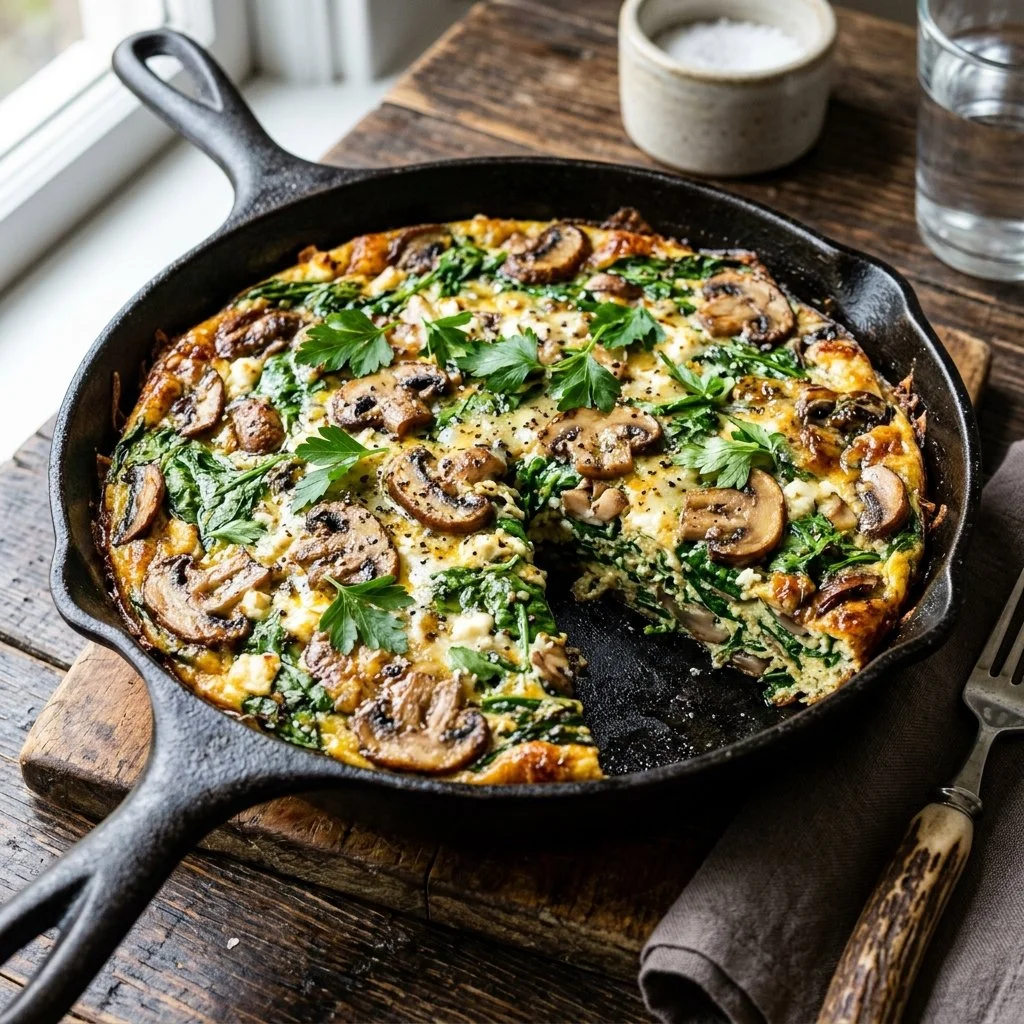 Delicious Spinach Mushroom Frittata served on a plate