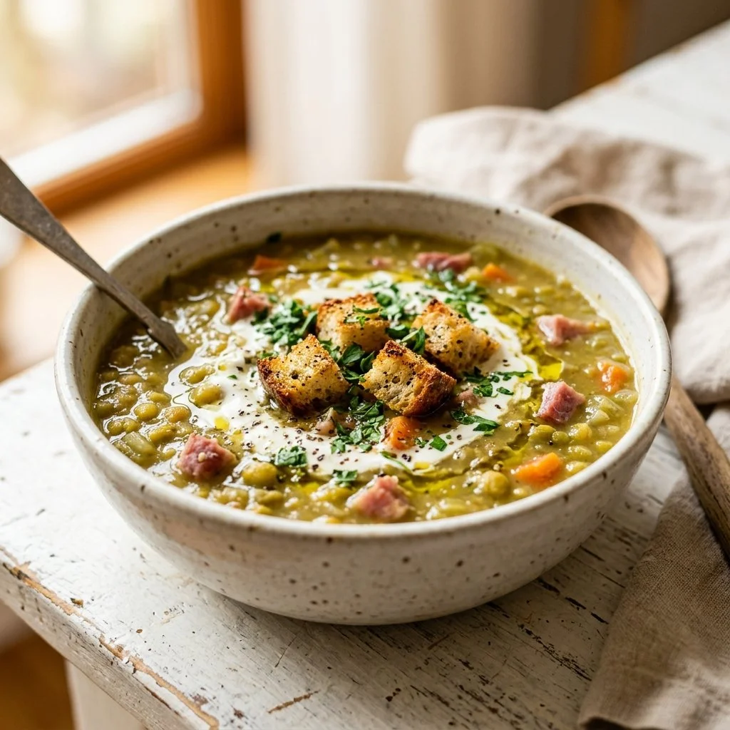 Bowl of homemade split pea soup garnished with herbs and vegetables