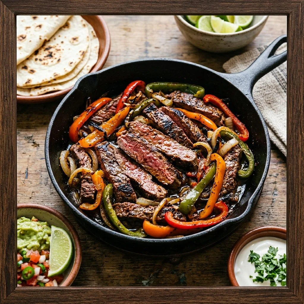 Delicious steak fajitas served with colorful peppers and onions on a plate