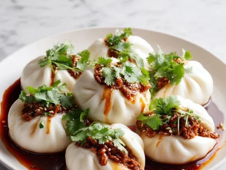 A plate of freshly steamed pork buns with a soft, fluffy texture and savory filling.