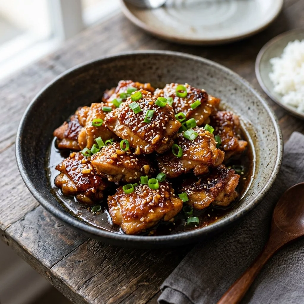 Delicious Sticky Honey Garlic Chicken served on a plate with fresh herbs.
